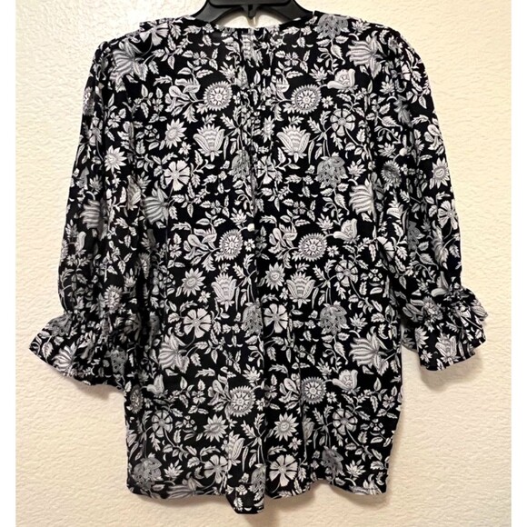 PANEROS Chloe Shirt Midnight Garden Black/White Floral Ruffle Neckline Preppy L - Picture 3 of 9